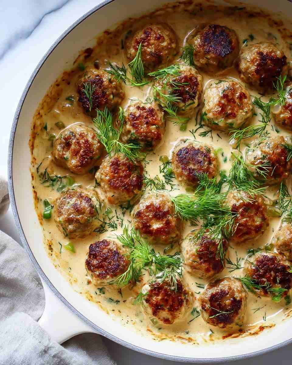 Swedish meatballs in aromatic herb cream gravy garnished with abundant fresh dill sprigs