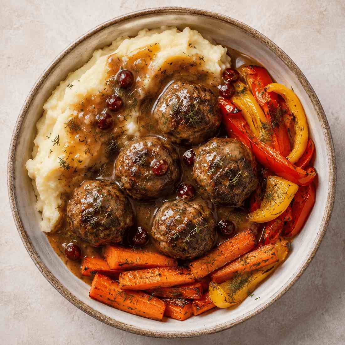 Swedish meatballs served alongside caramelized roasted carrots, parsnips, and baby potatoes