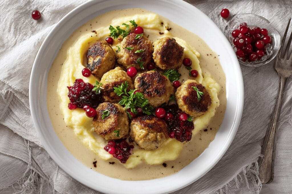 Swedish meatballs glazed in glossy sweet-tart spiced cranberry sauce alongside cream gravy