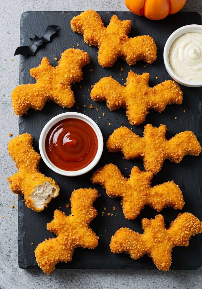 Golden fried chicken nuggets cut into bat shapes with black pepper eyes on a plate