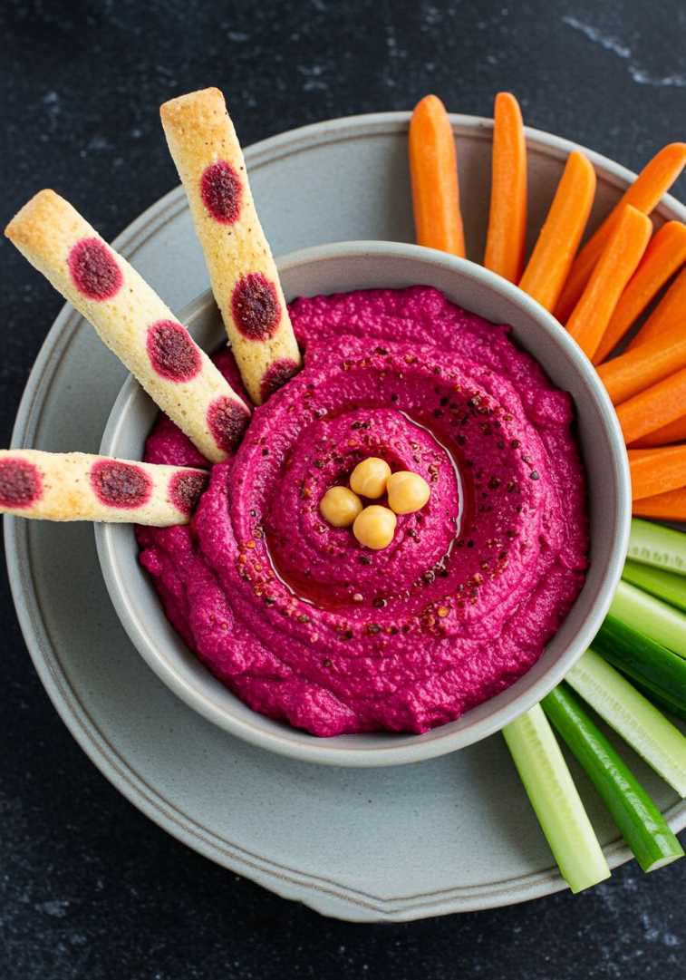 Deep red hummus in a bowl with a blood-like drip and pita chips on the side