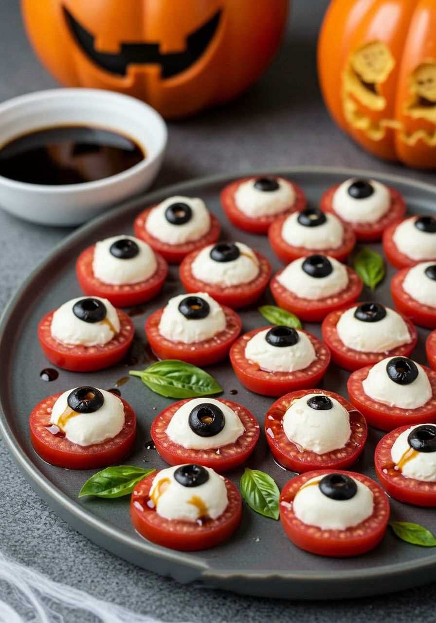Mozzarella balls with tomato sauce and basil leaves on skewers with red pepper pupils