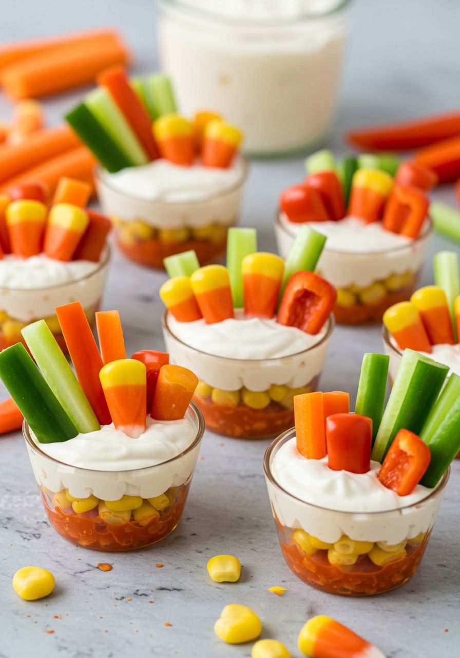 Celery cups filled with cream cheese, carrot, and orange cheese in candy corn colors