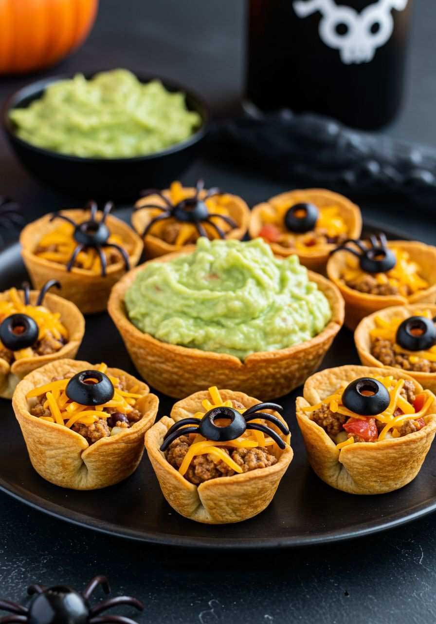 Tortilla shells filled with taco meat and topped with gummy spiders and cheese
