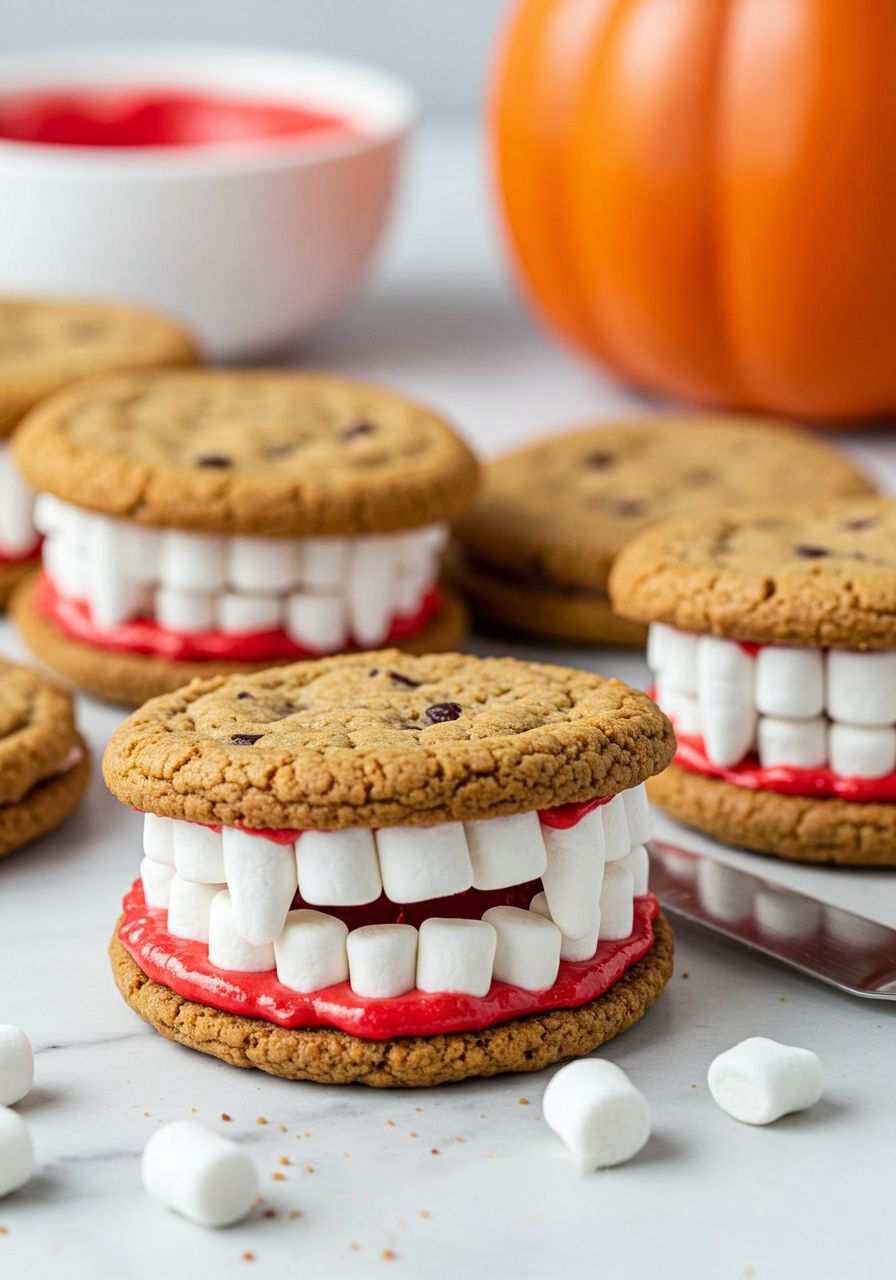 White chocolate cookies shaped like teeth with a red glaze drip on a plate