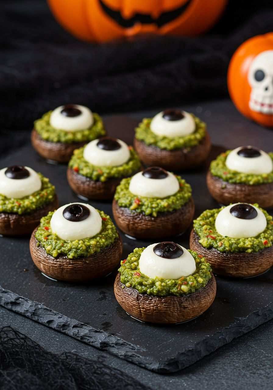Stuffed mushrooms with pesto filling and red pepper pulp pupils on a plate