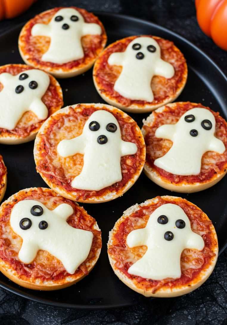 Bagel halves topped with white cheese and black pepper flakes to look like ghosts