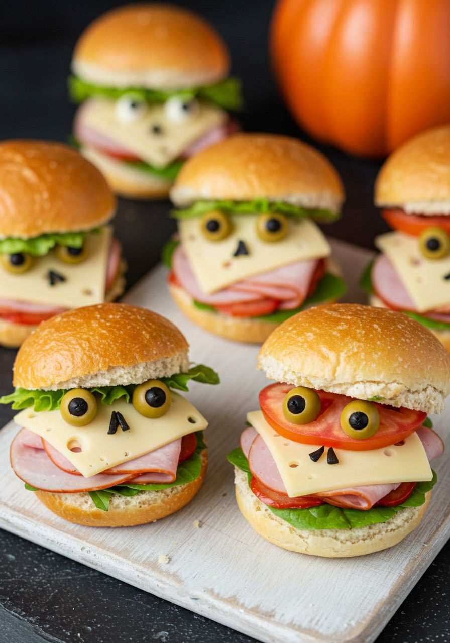 Round sandwich faces with olive eyes and ham mouths on a plate