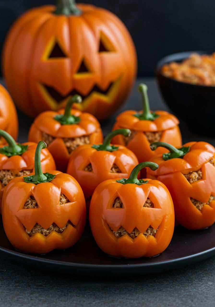 Orange bell peppers carved into jack o lantern faces and stuffed with rice and meat