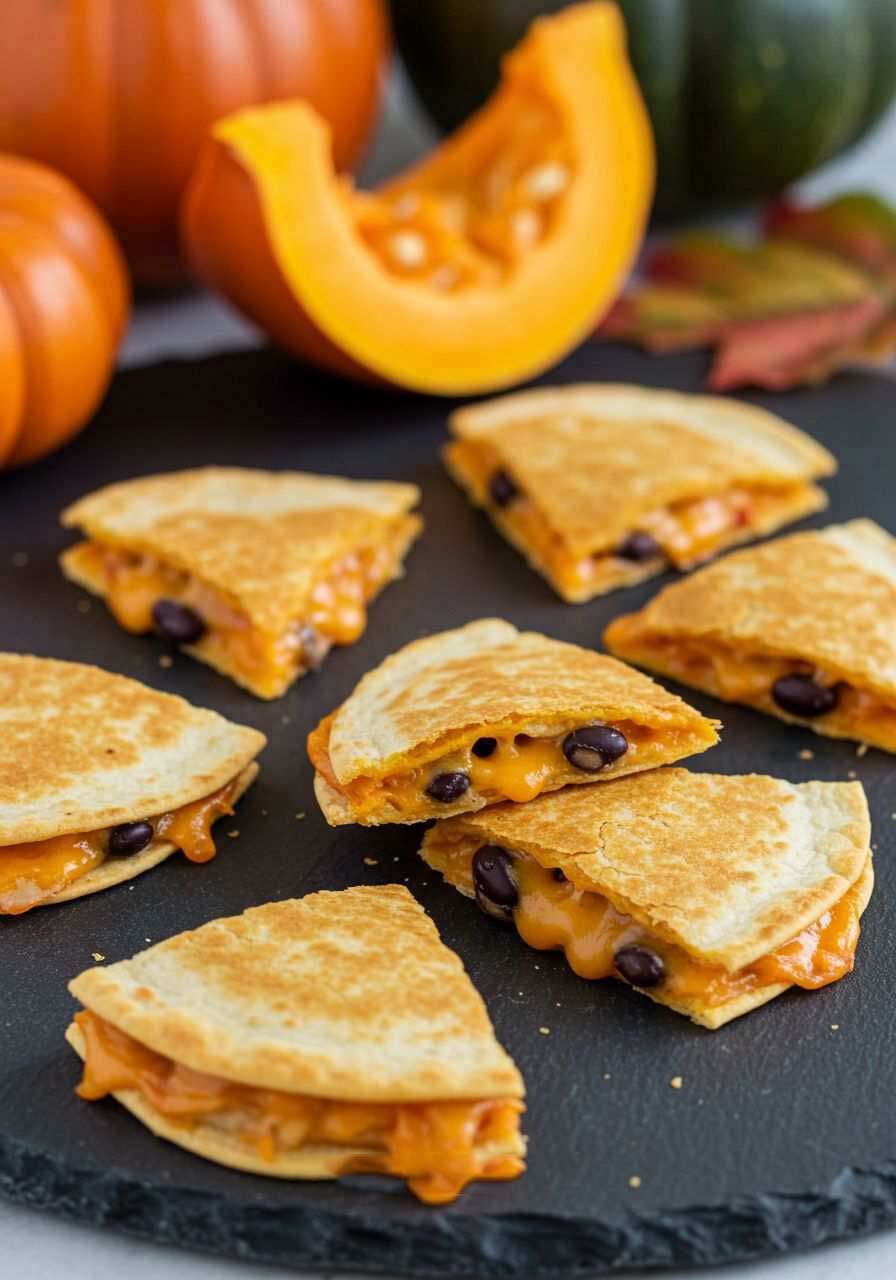 Small tortillas filled with cheese and pumpkin, cut into wedges with a green stem