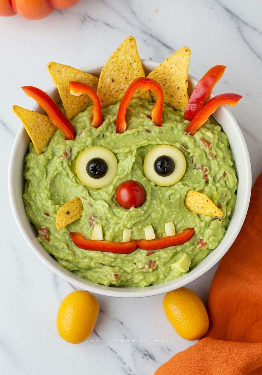 Green guacamole dip with black olive mouths and red pepper eyes in a bowl