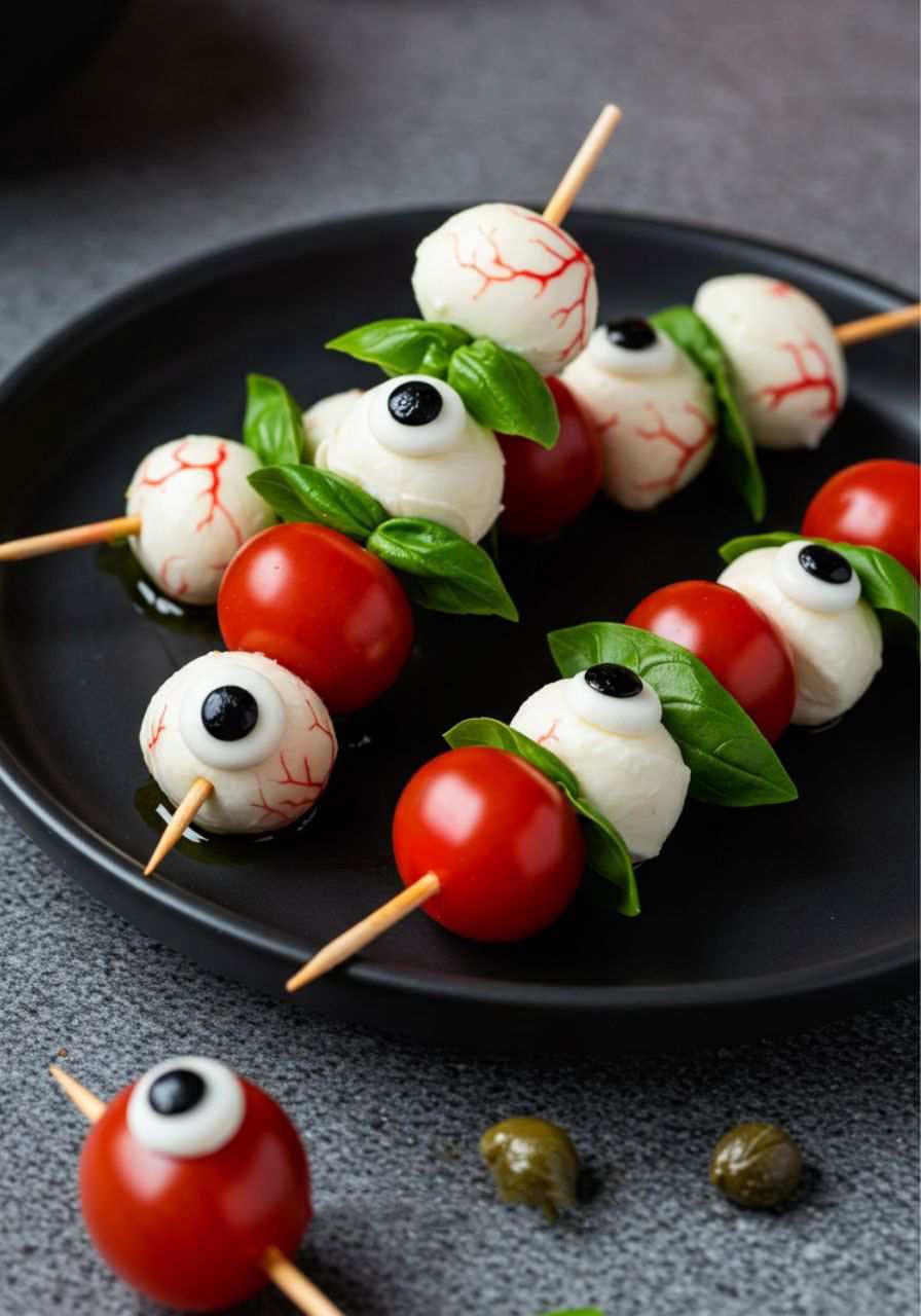 Mozzarella balls on skewers with red pepper pulp pupils and green stem pupils