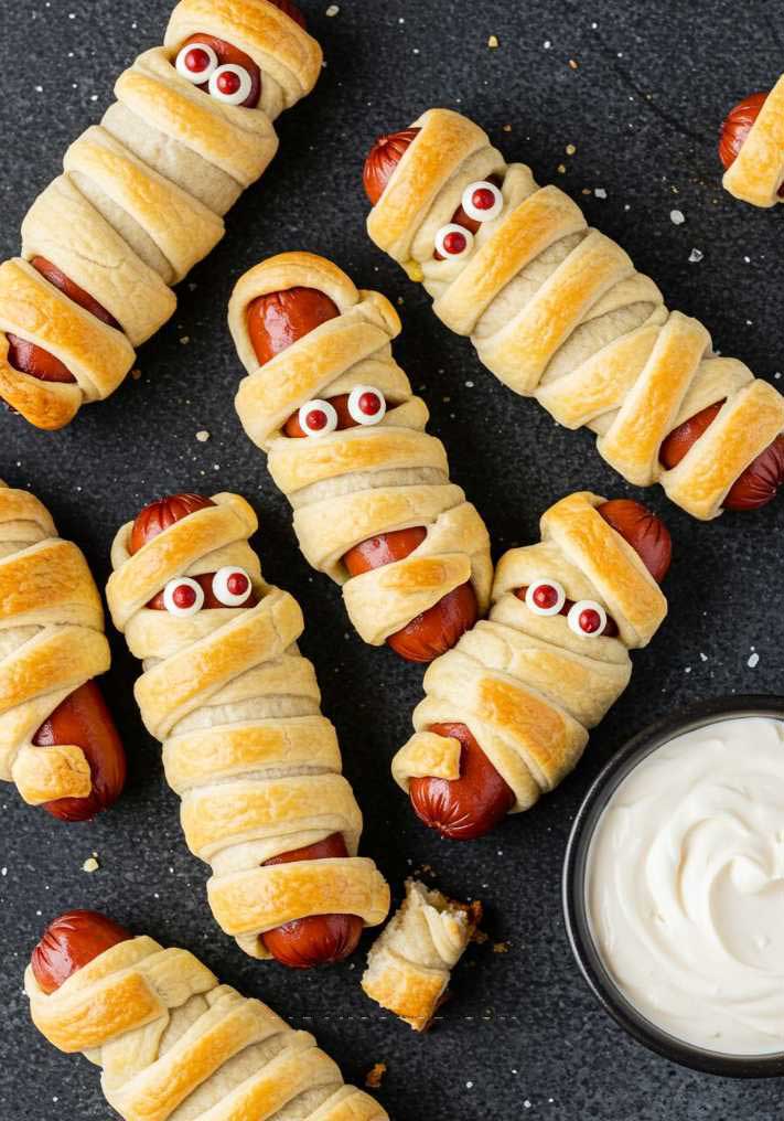 Grilled hot dogs wrapped in cream cheese strips with black olive eyes on a bun