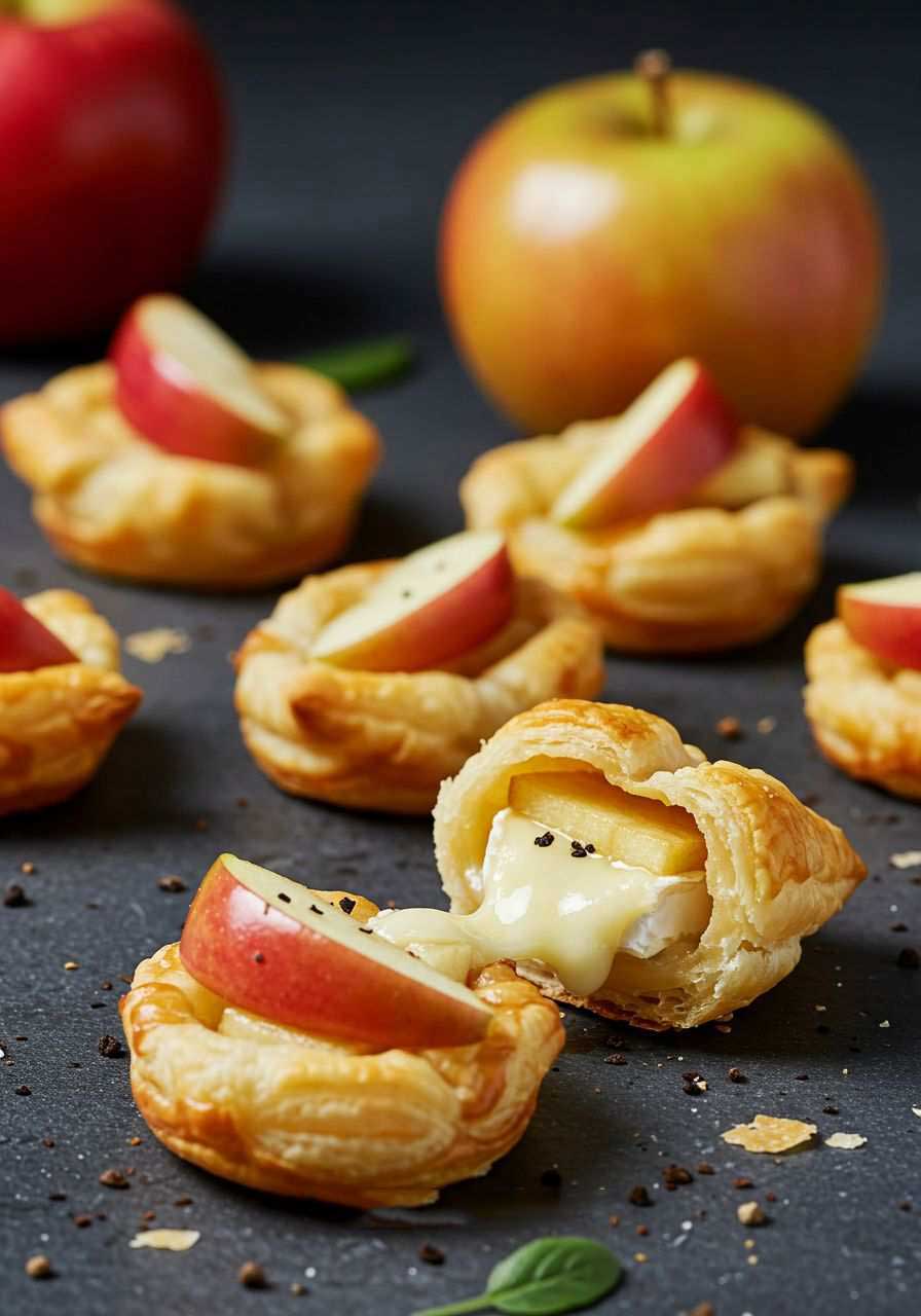 Caramelized brie bites on apple slices with a green stem and red sauce drizzle