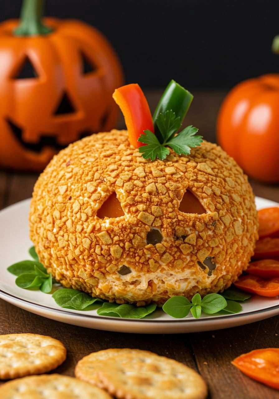 Orange cheese ball shaped like a pumpkin with a green stem and twisted rind lines