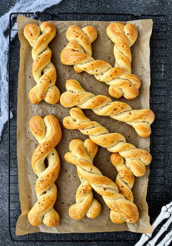 White breadsticks shaped like bones with black sesame seed joints on a rustic board