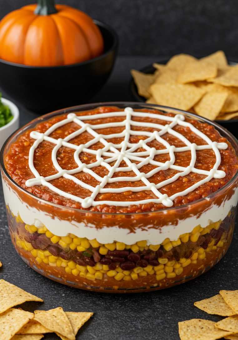 Layered tortilla dip with a white cheese web pattern and black olive dots in the center
