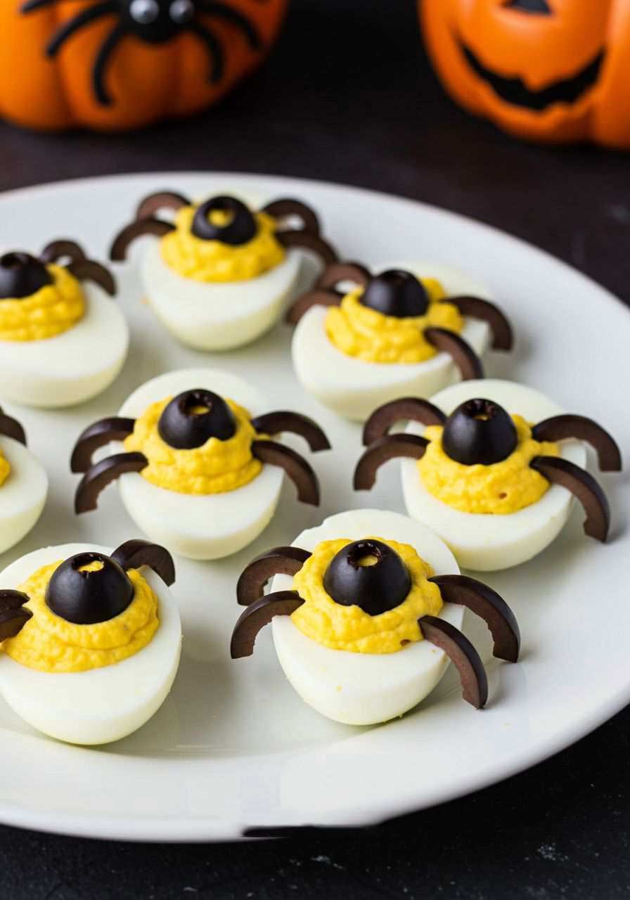 Creamy deviled eggs with black olive spider bodies and leg pieces on a white plate
