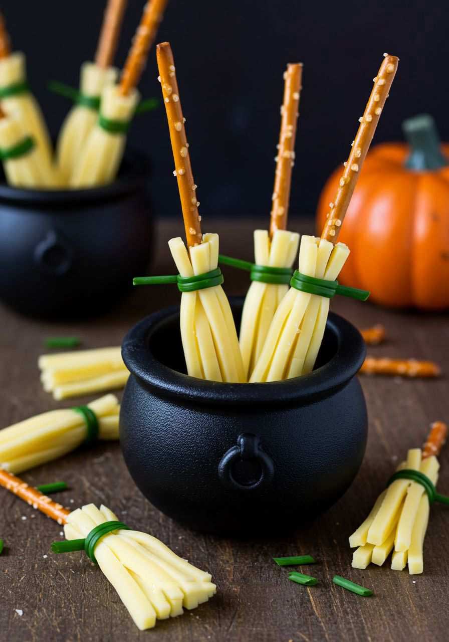 Cucumber sticks dipped in orange cheese dip topped with pretzel twist broom bristles