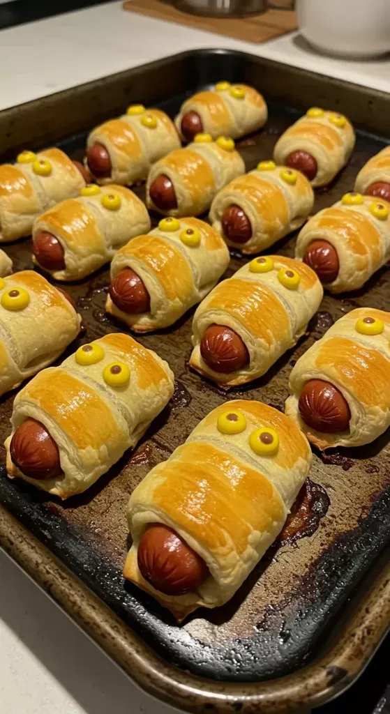 Mini hot dogs wrapped in flaky crescent dough, speckled with sesame “bandages,” perched on a spooky plate.