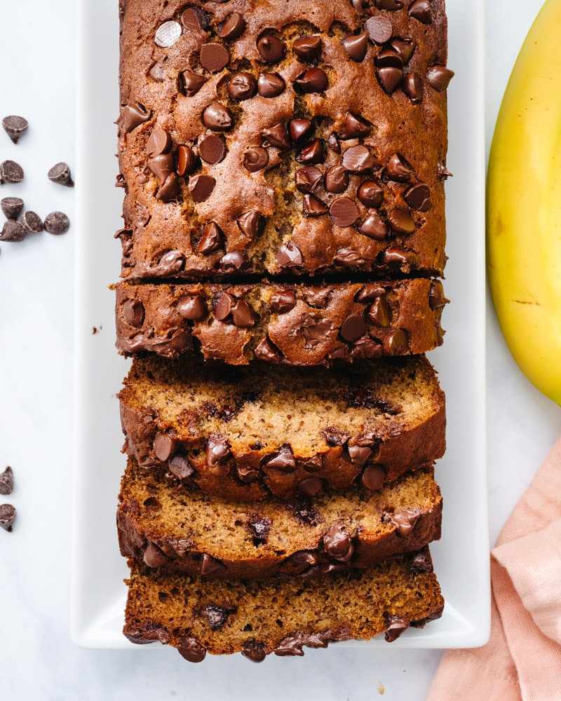 Chocolate‑studded banana bread with a glossy crust and moist, sweet crumb