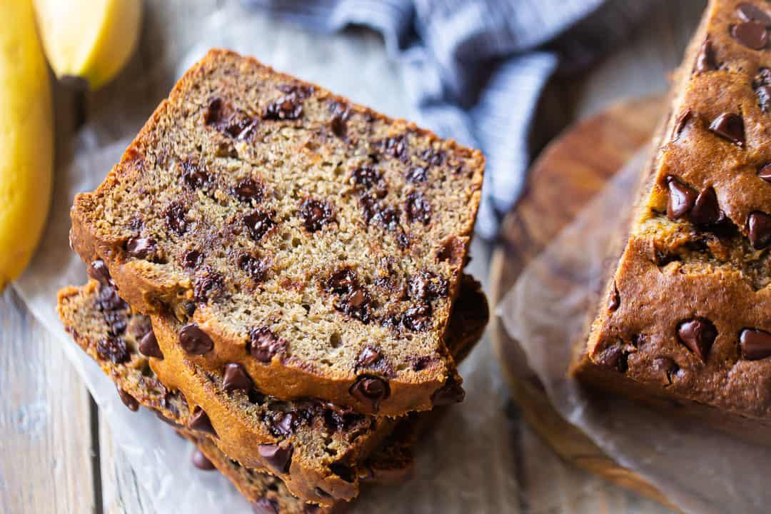 Dark‑chocolate chip banana bread with a glossy crust and fluffy, banana‑rich crumb