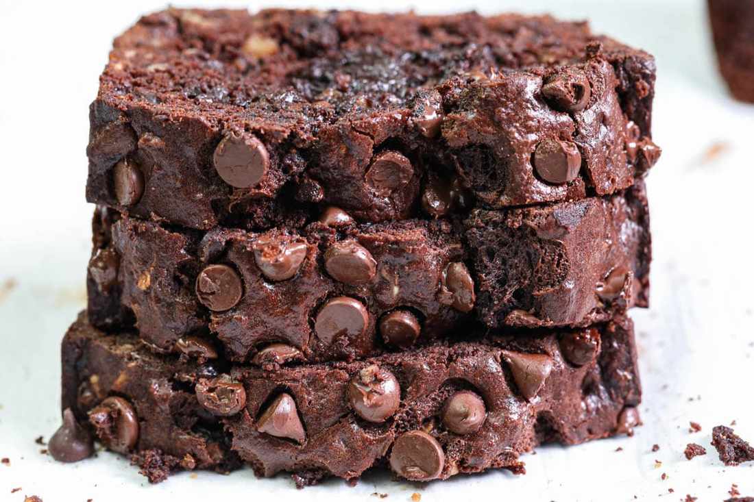 Triple‑layered double‑chocolate banana bread with a glossy top and soft interior