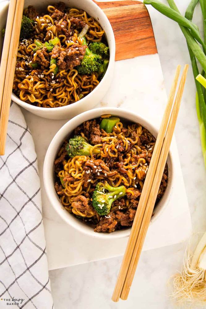 Beef and broccoli ramen with chopsticks featuring tender beef, crisp broccoli, glossy noodles