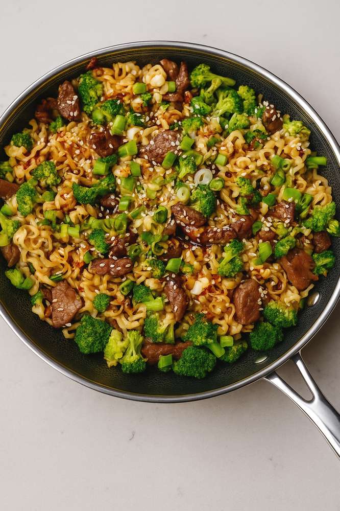 Beef and broccoli noodle skillet bake with tender beef, crisp broccoli, and glossy noodles