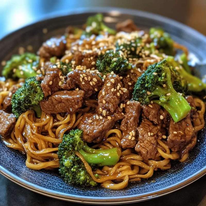 Dark bowl of beef and broccoli noodles with tender beef, crisp broccoli, glossy noodles, and a smoky sauce