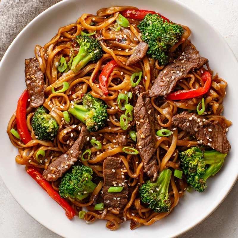 Beef and broccoli noodle stir fry dinner featuring tender beef, crisp broccoli, and glossy noodles in a savory sauce