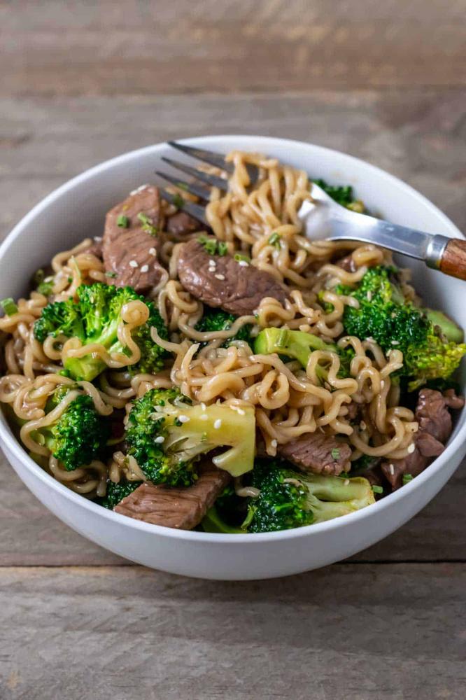 Ramen beef and broccoli noodle bowl with tender beef, crisp broccoli, glossy noodles