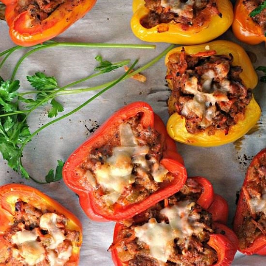 Bolognese stuffed peppers with beef, parmesan, fresh basil, rich tomato sauce, pasta