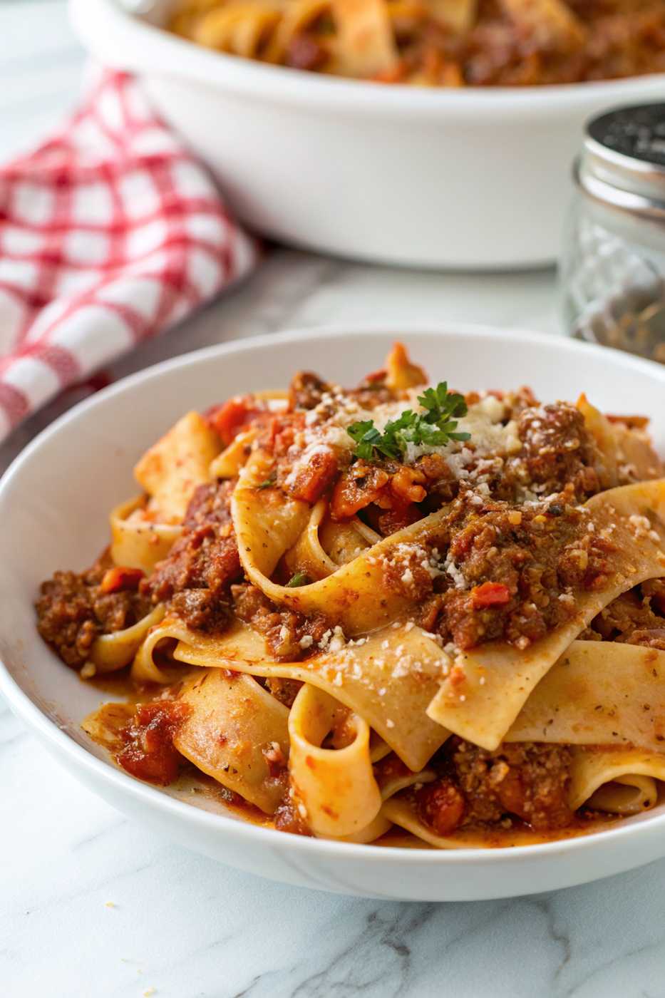 Savory pappardelle bolognese with beef, pancetta, parmesan, basil, rich tomato sauce, and wide pasta.