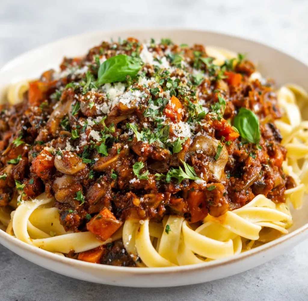 Creamy mushroom bolognese with beef, parmesan, basil, rich tomato sauce, and earthy mushrooms.