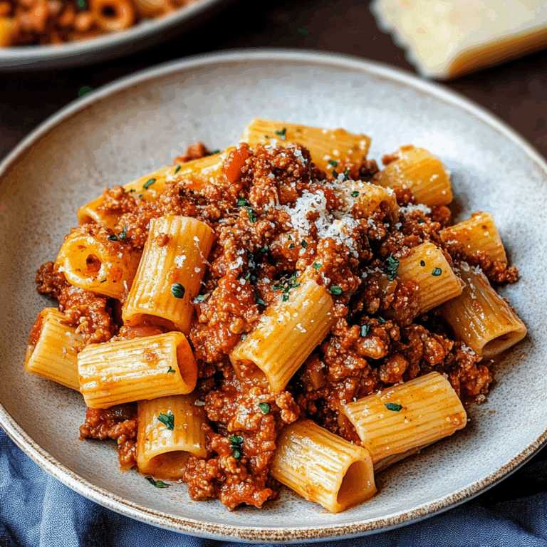 Hearty rigatoni bolognese with robust tomato sauce, savory beef, and aromatic herbs