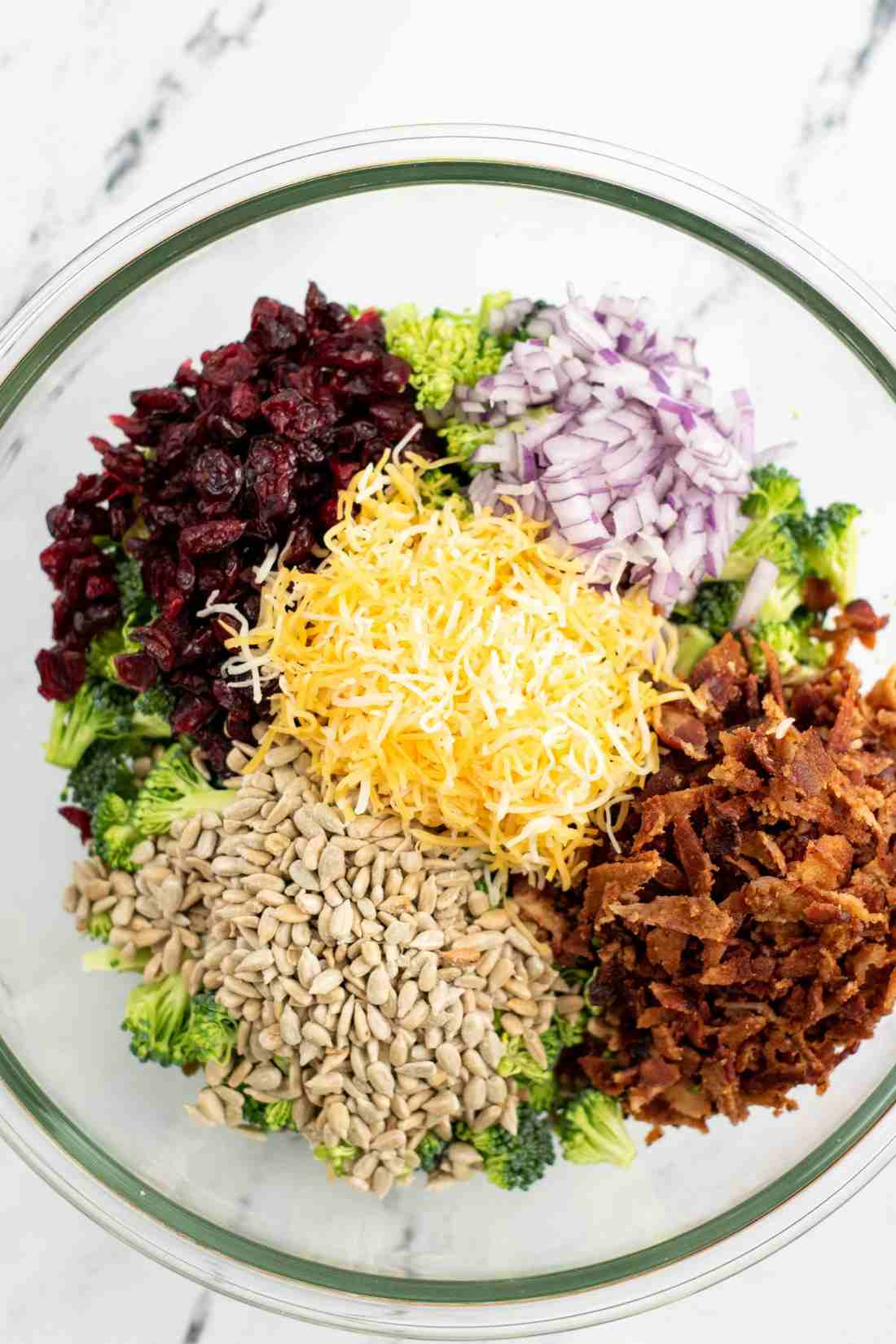 Broccoli bacon cheddar salad with caramelized onions, pistachios, blue cheese crumbles, garlic‑yogurt dressing, dried figs