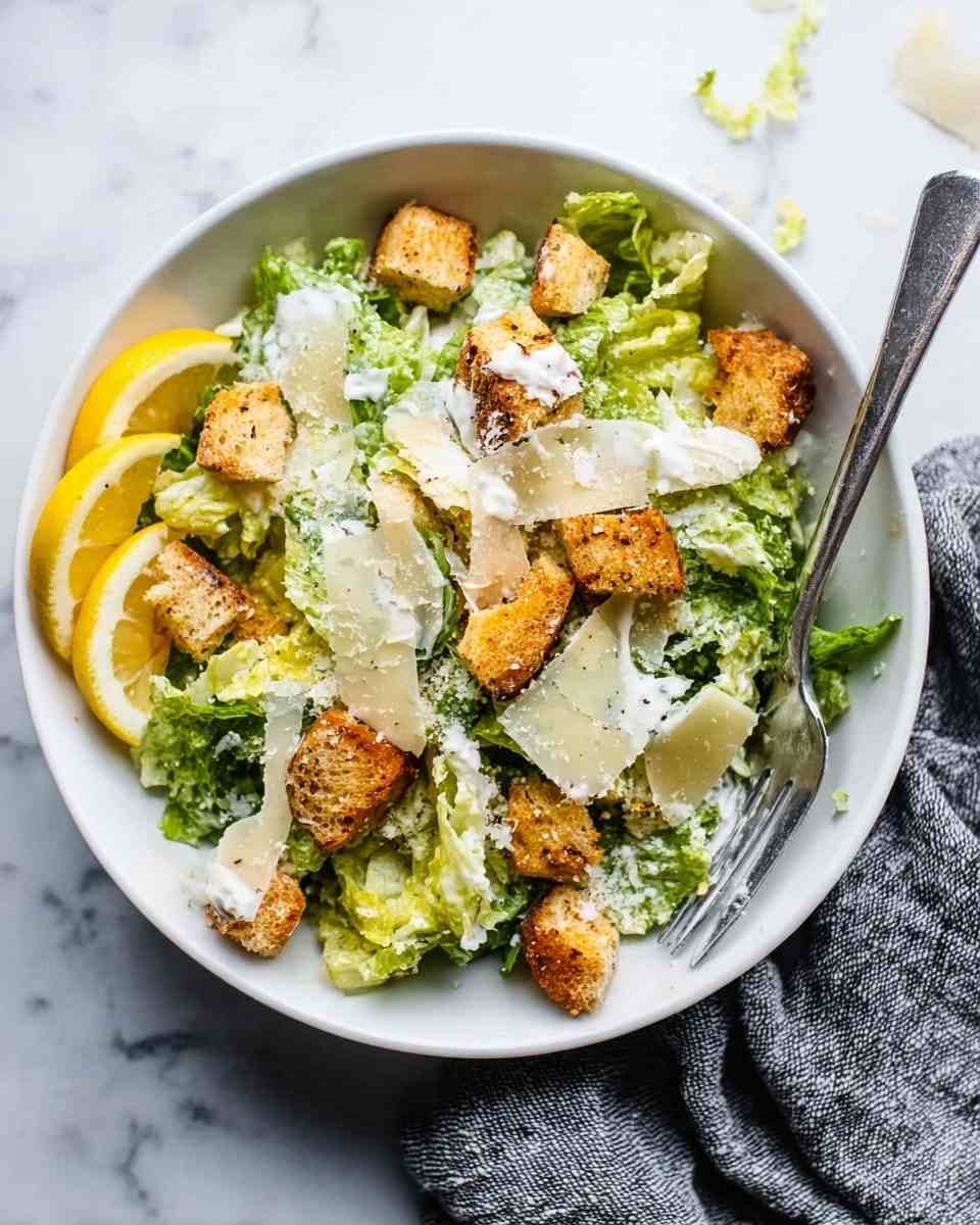 Classic caesar salad bowl featuring golden garlic butter croutons shaved parmesan and creamy dressing
