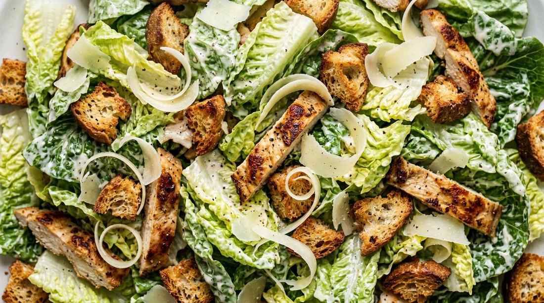 Smoky grilled chicken caesar salad with charred breast slices crisp romaine and parmesan cheese