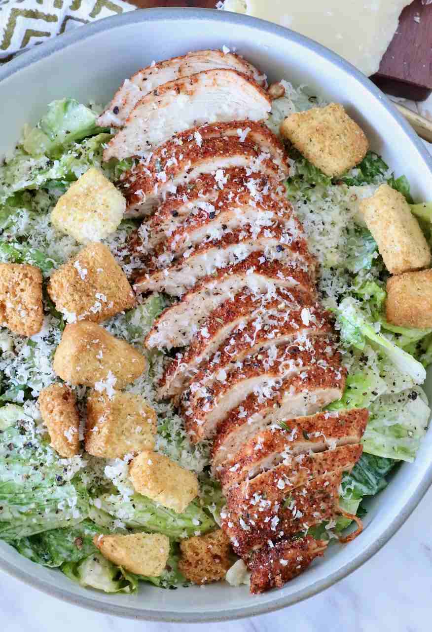 Savory blackened chicken caesar salad served with crisp