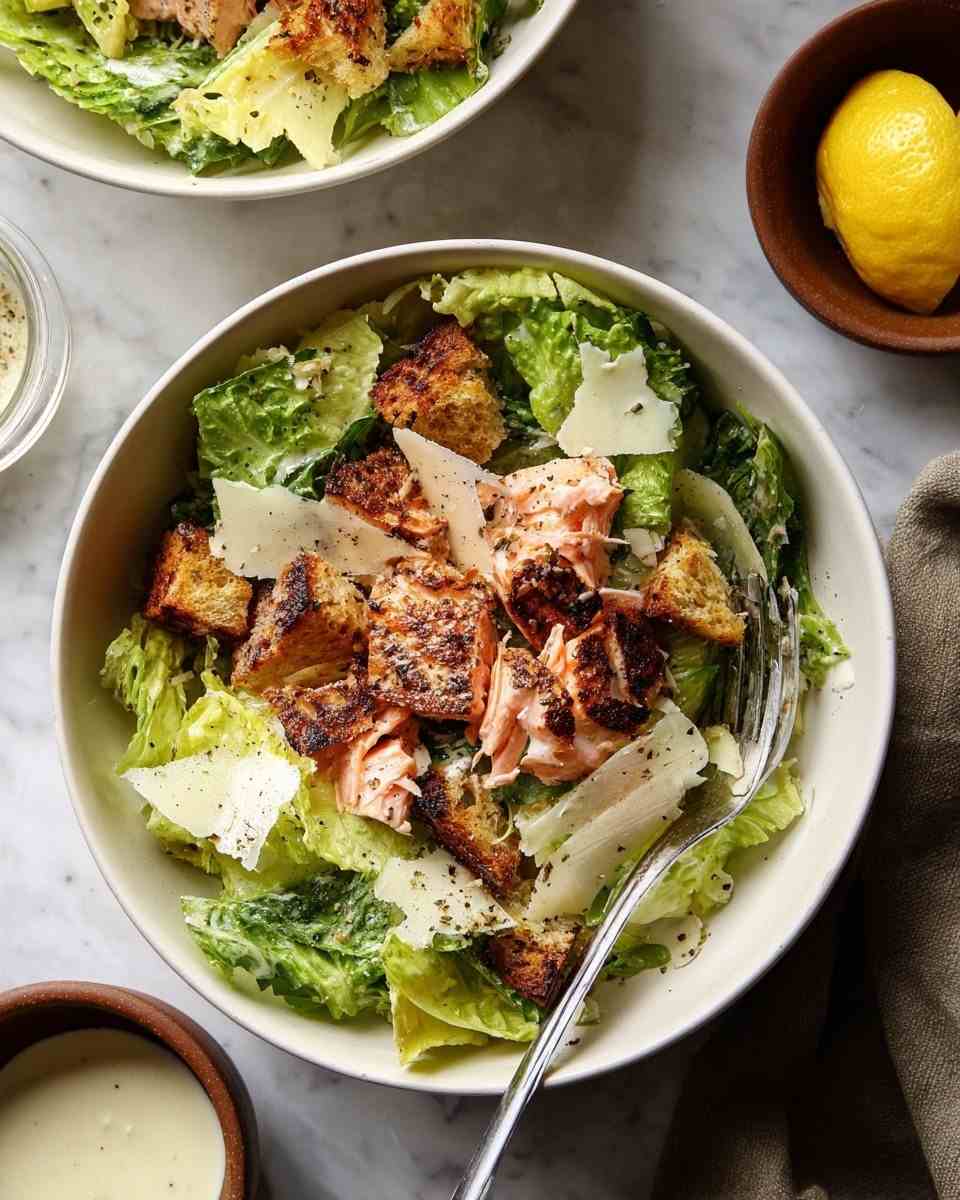 Smoked salmon caesar salad with crisp romaine, crunchy croutons, shaved parmesan, and creamy dressing.