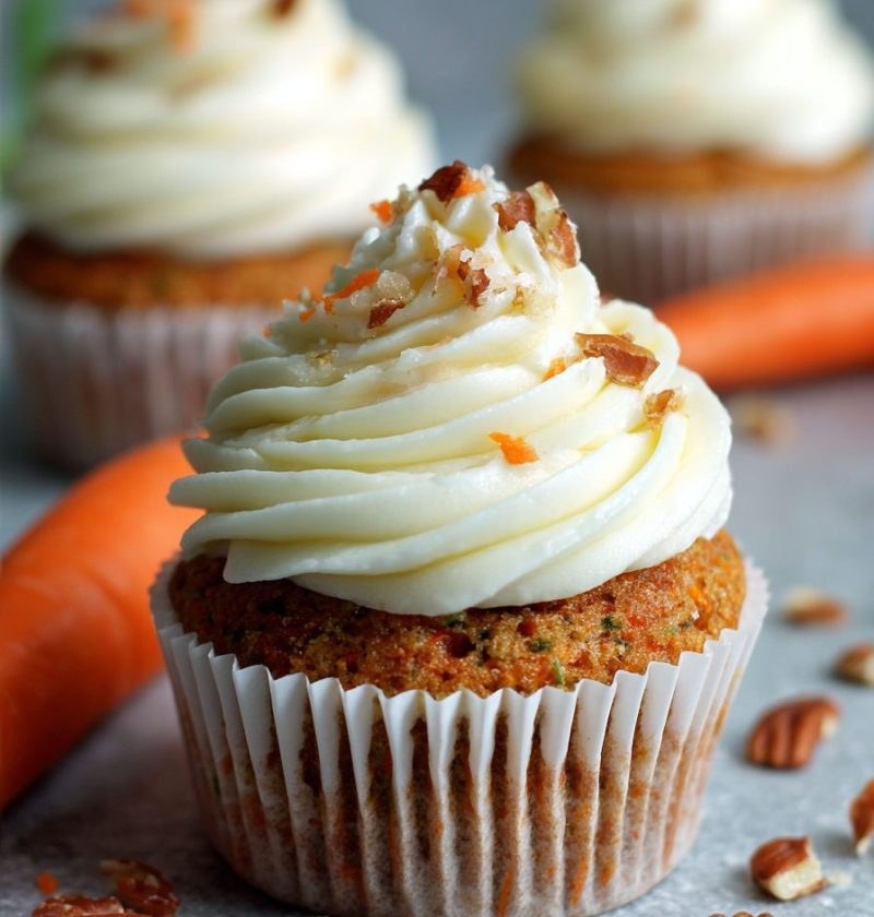 Small‑batch carrot cupcakes with a thick swirl of cream cheese frosting and a pinch of toasted walnuts