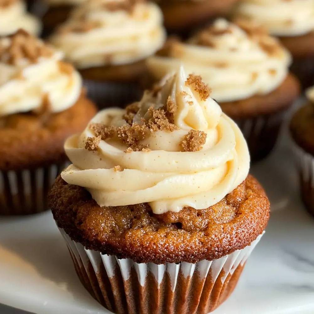 Rich brown butter carrot cupcake topped with silky brown butter cream cheese frosting and candied pecans