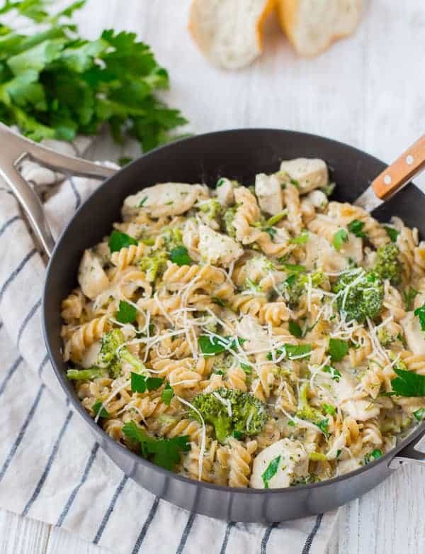 Classic fettuccine chicken alfredo with tender chicken and silky parmesan cream sauce on pasta.