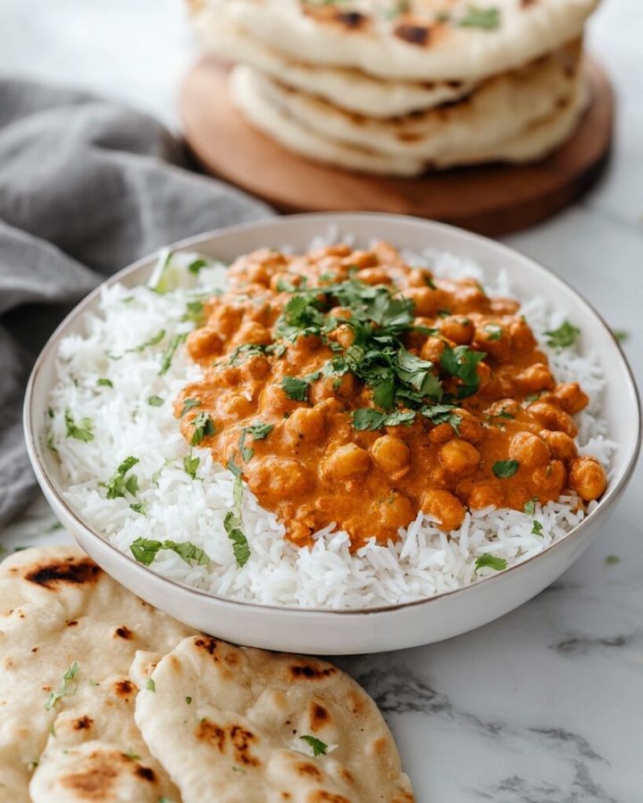 Creamy chickpea curry with spinach, tomato sauce, spices, and a hint of cream, served with basmati rice