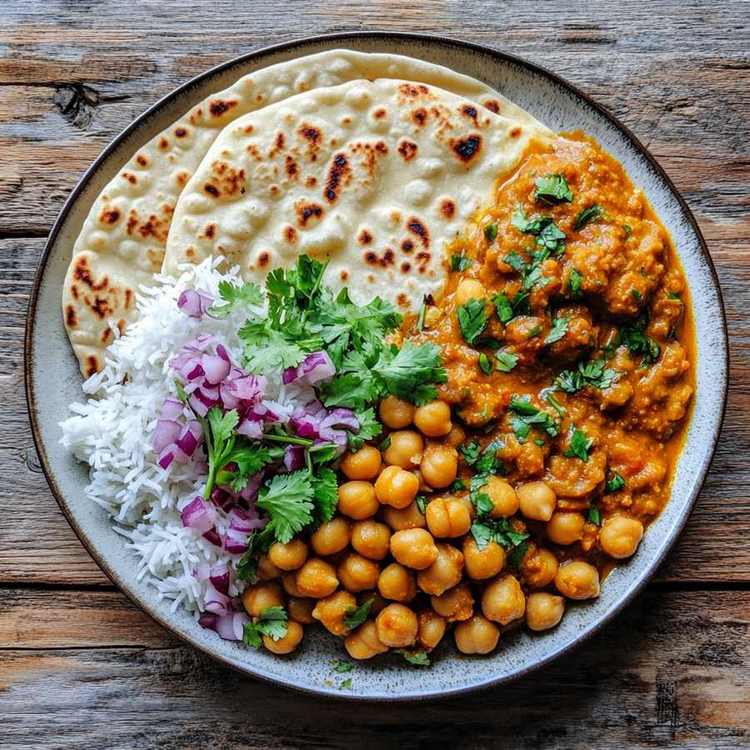 Creamy chickpea curry with coconut yogurt, spices, and a drizzle of coconut milk, served with naan