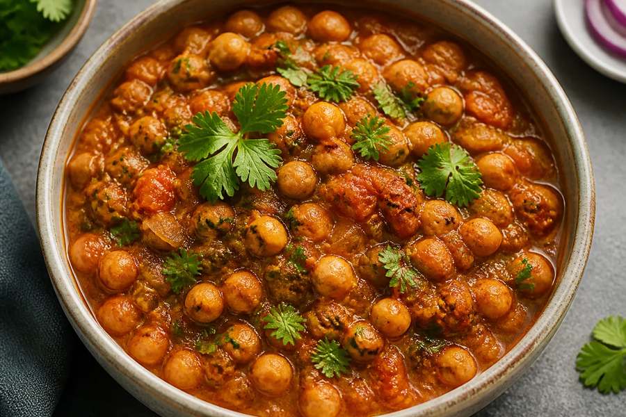 Smoky classic chana masala cooked with roasted chickpeas, tomato curry sauce, spices, cilantro, and naan.