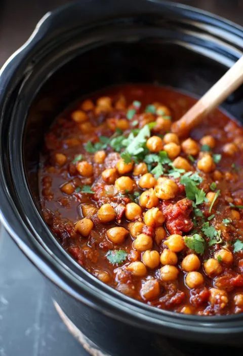 Slow cooker butter chickpea curry in velvety tomato cream sauce with fresh cilantro and naan.