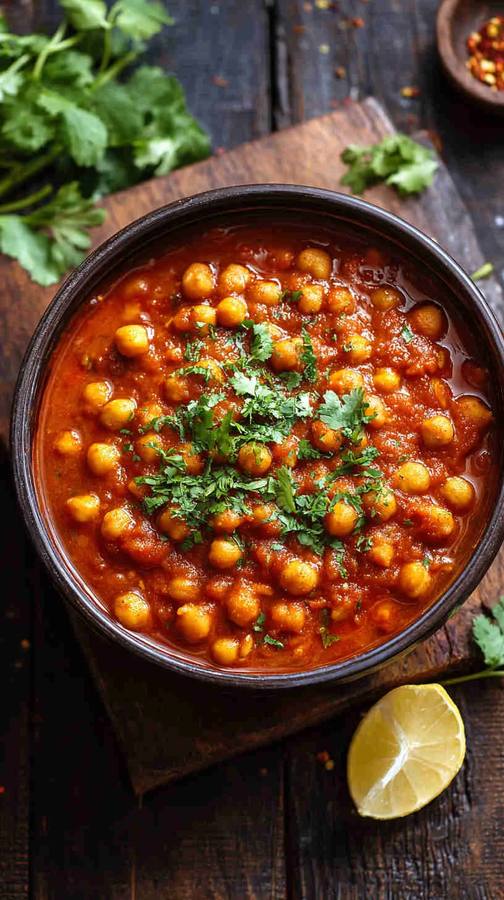 Classic Punjabi chana masala chickpea curry simmered in dark spiced tomato sauce with fluffy basmati rice.