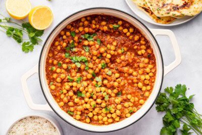 Spinach classic chana masala with garbanzo chickpeas, spiced green curry sauce, cilantro, and basmati rice.